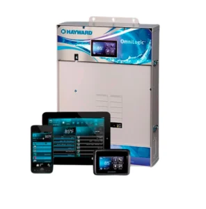 Pool automation control panel with mobile app interface on phone and tablet.