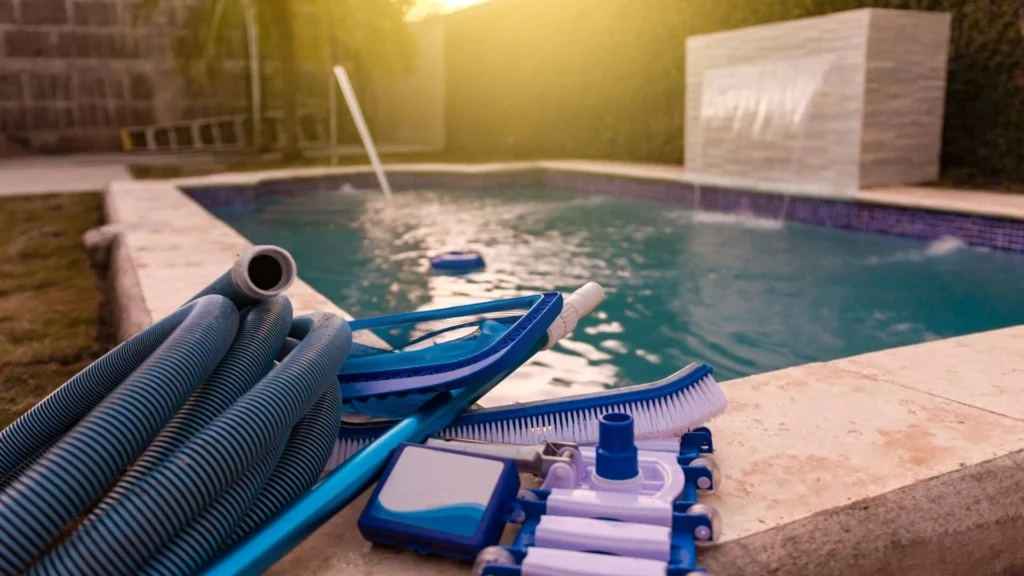 Pool maintenance equipment and hoses beside a residential swimming pool