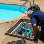 Technician working on pool equipment next to a swimming pool