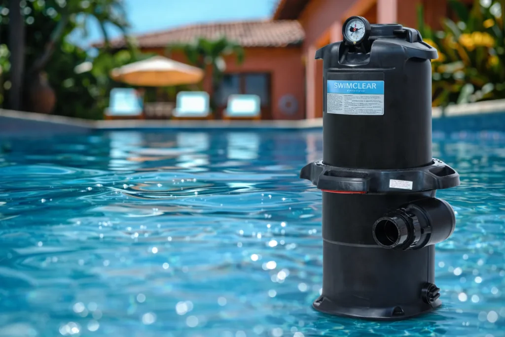 Pool filtration system installed at poolside.