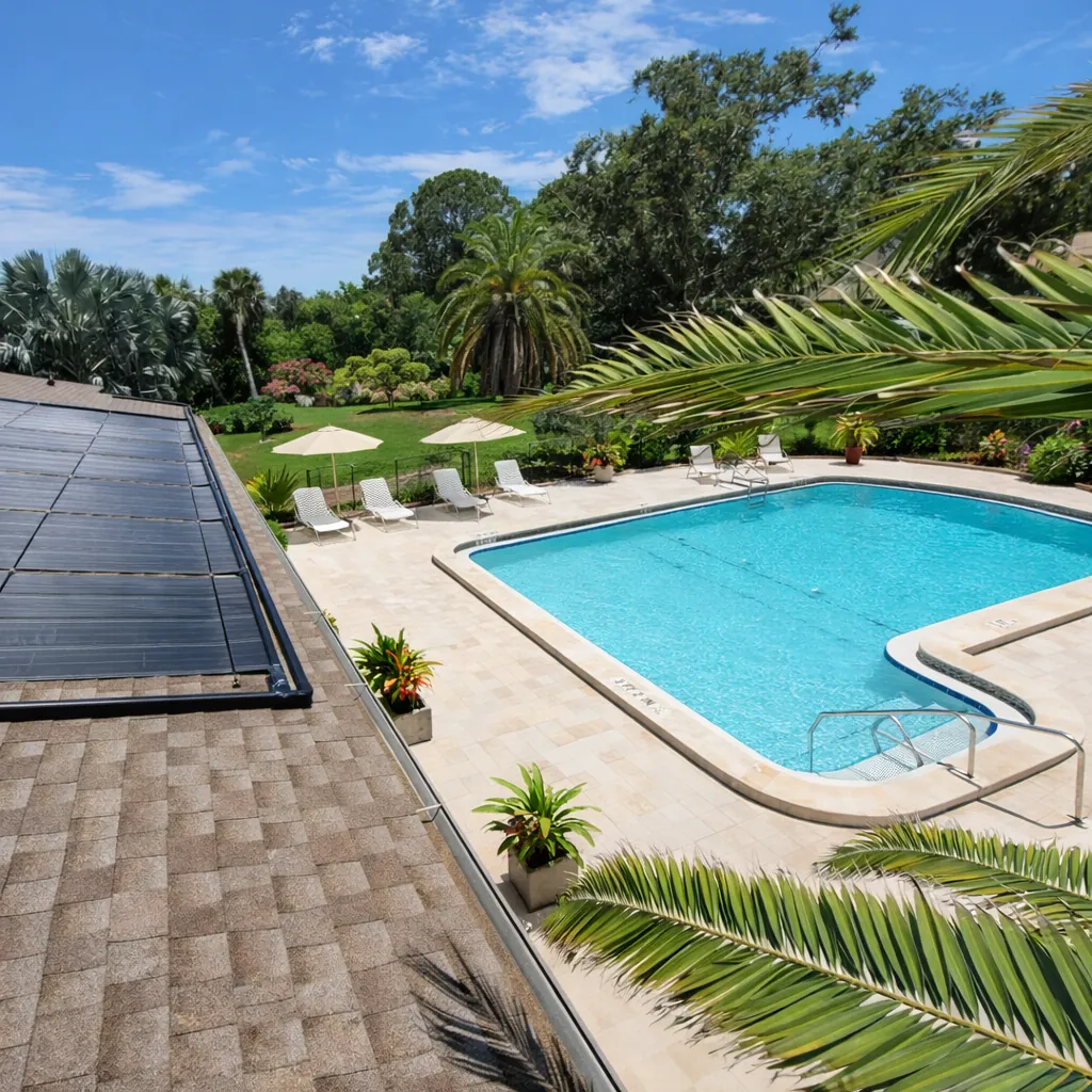 Solar pool heating panels beside residential swimming pool