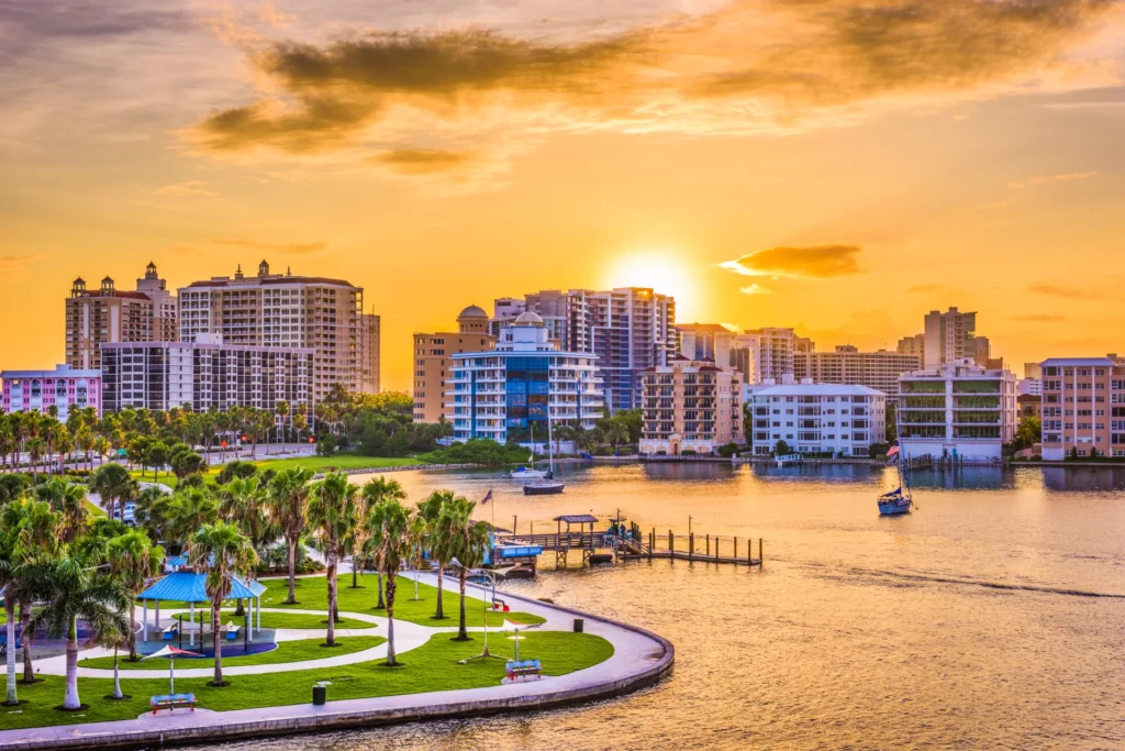 Sarasota skyline and bayfront at sunset.