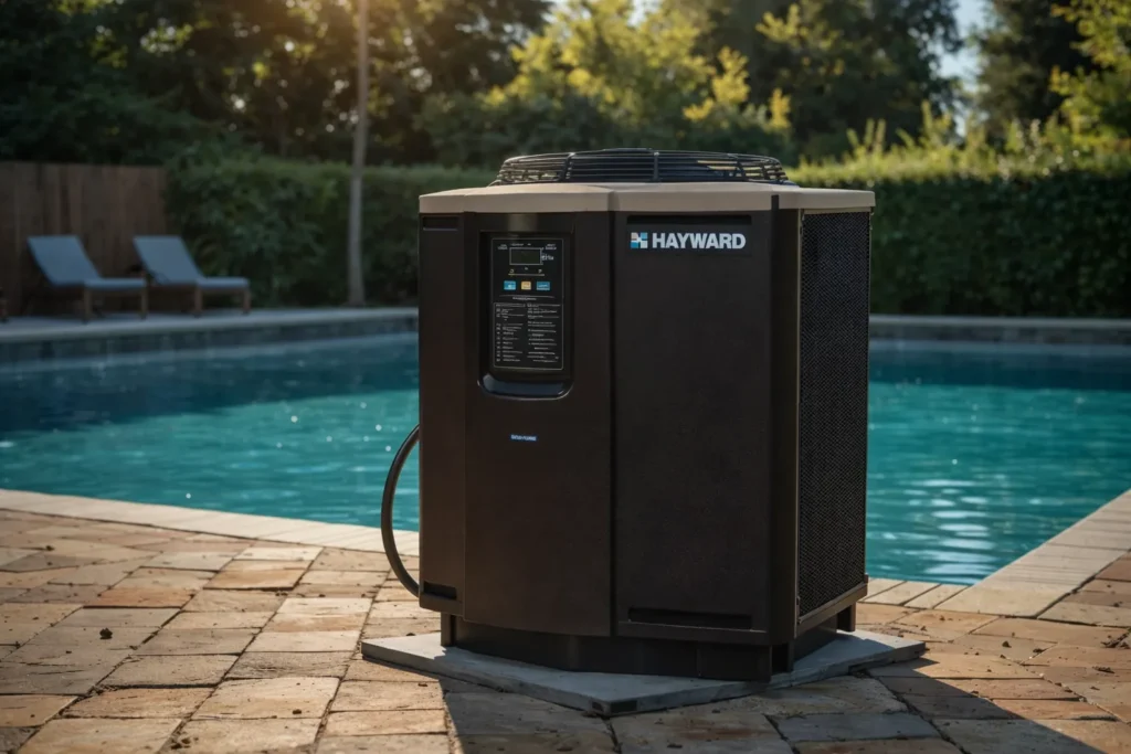 Electric pool heat pump installed on a patio near a pool.