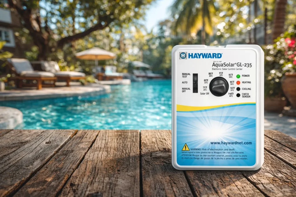 Solar pool thermostat control mounted near a backyard pool.