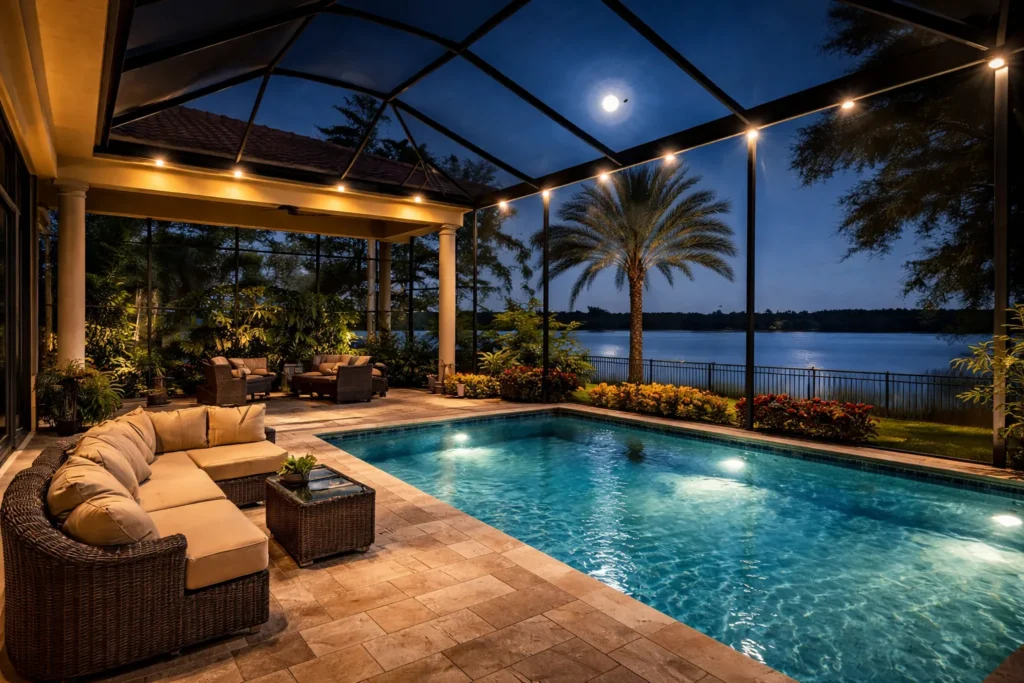 Screened pool enclosure with integrated pool cage lighting.