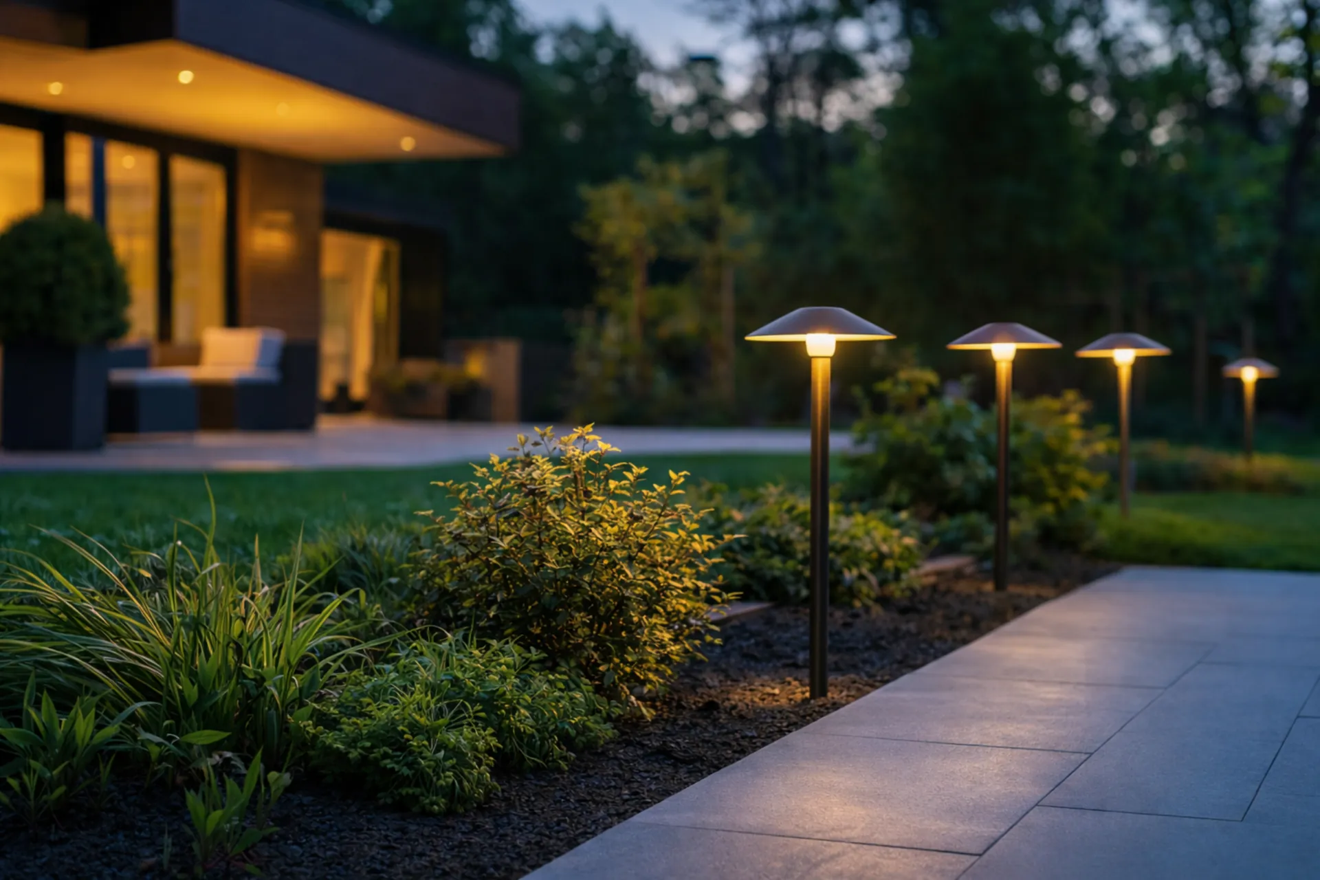 Automated landscape pathway lighting in a residential yard.