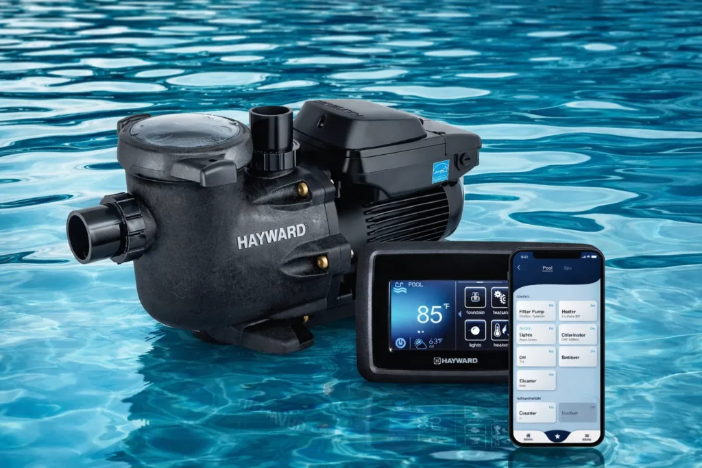 Variable-speed pool pump with digital control display beside a pool.