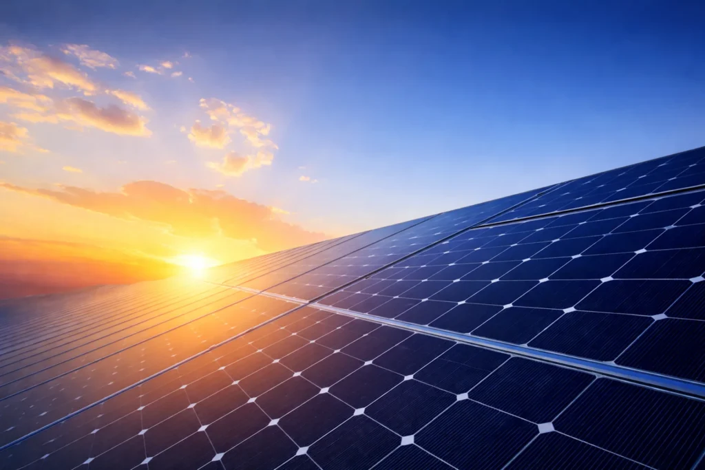 Solar panels at sunset