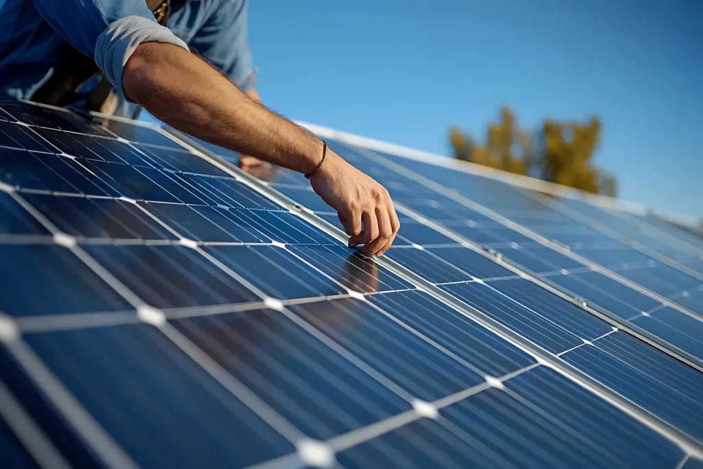 Technician inspecting solar panels