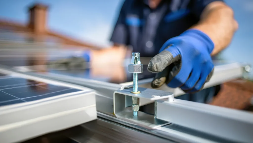 Technician adjusting solar panel mounting hardware
