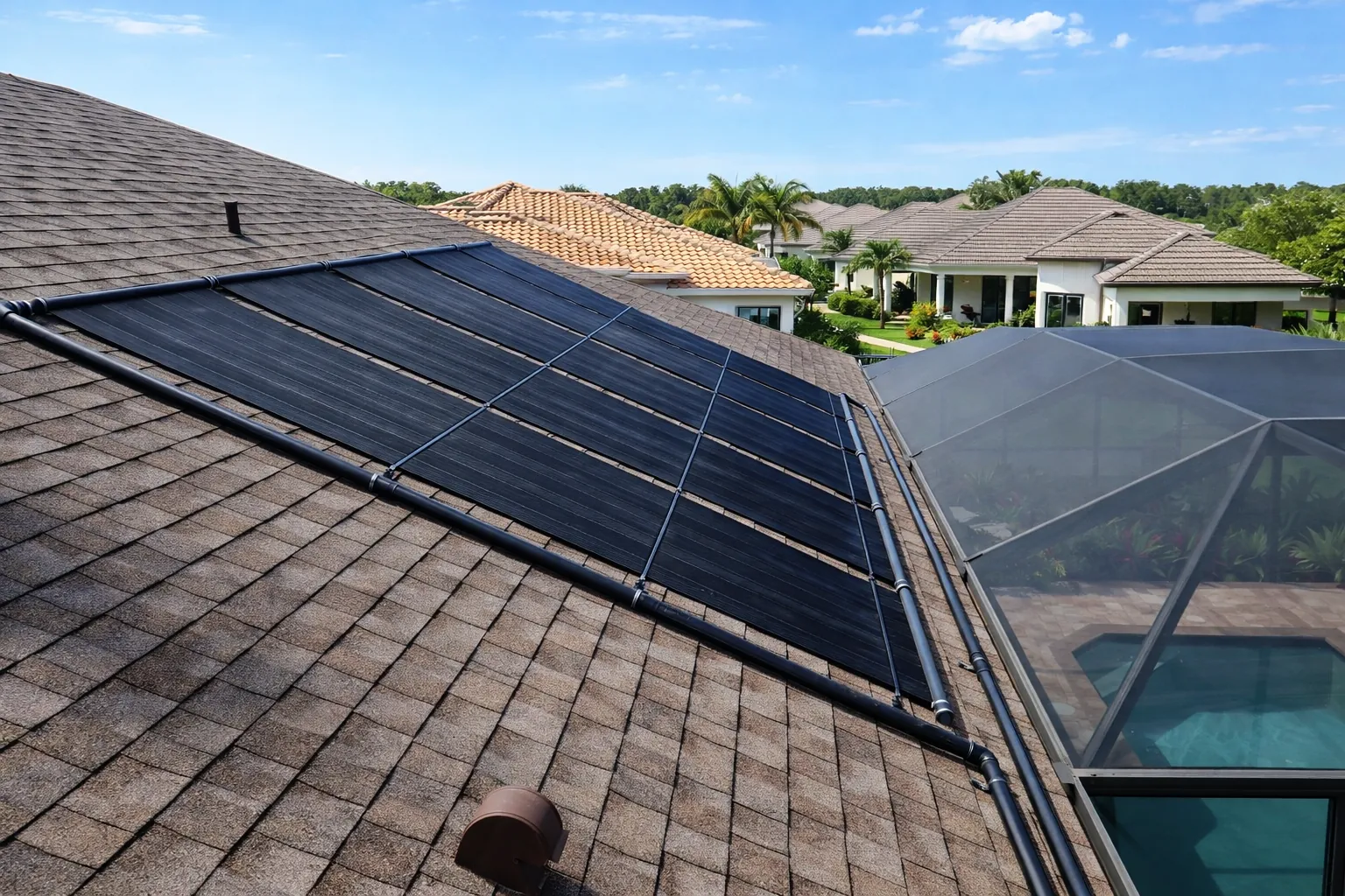 Solar pool heating panels installed on a shingle roof near a screened pool enclosure