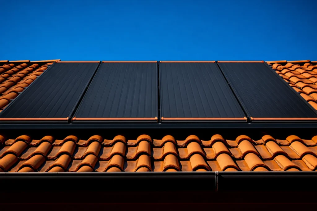 Solar hot water panels installed on a tile roof