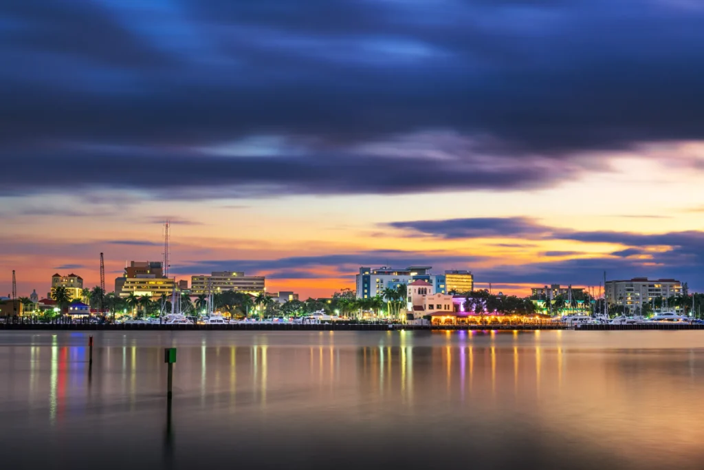 Bradenton waterfront skyline at dusk.