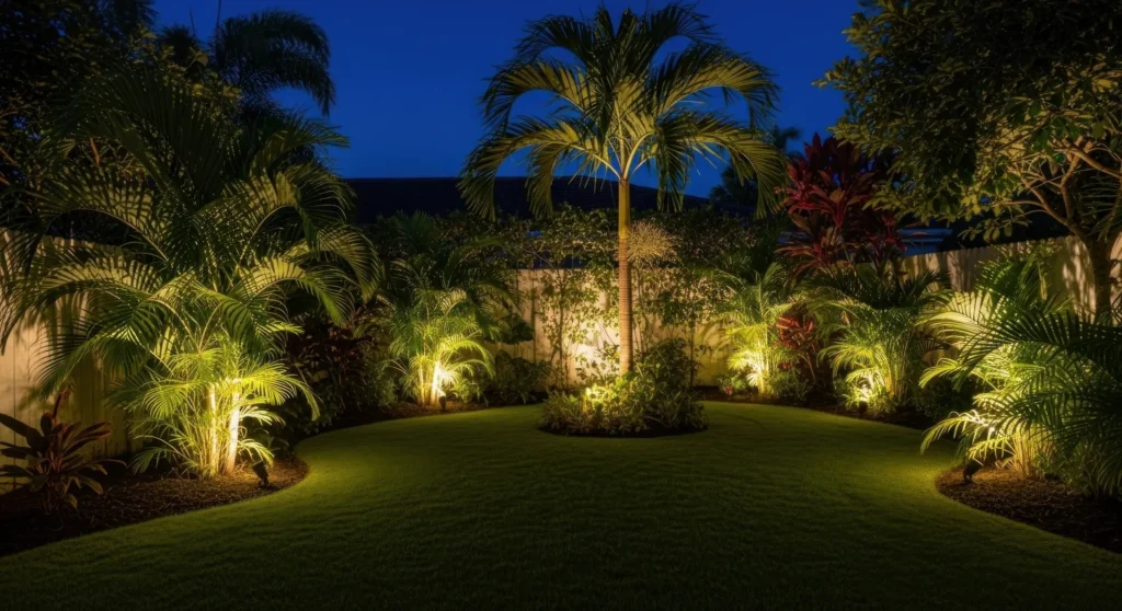 Palm trees and garden beds highlighted with landscape lighting.