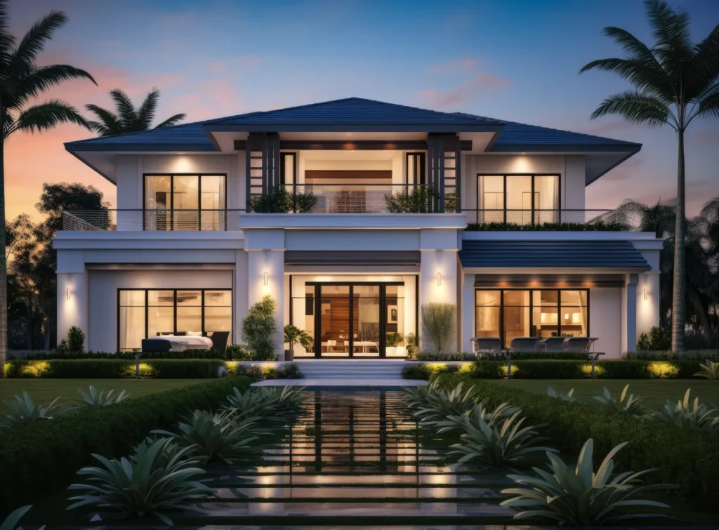 Modern home exterior with architectural uplighting at night.