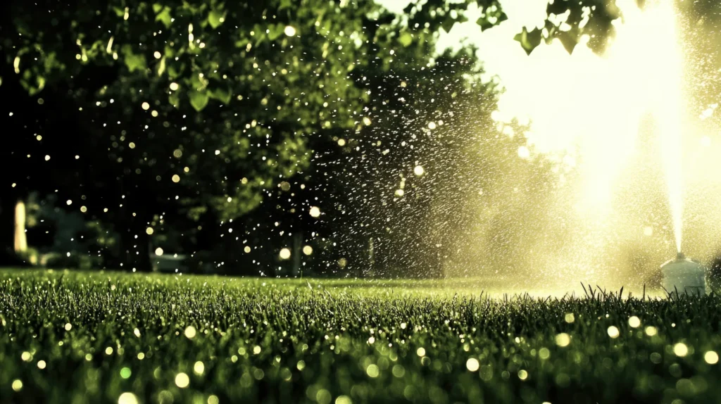 Irrigation sprinkler watering a green lawn at sunset.