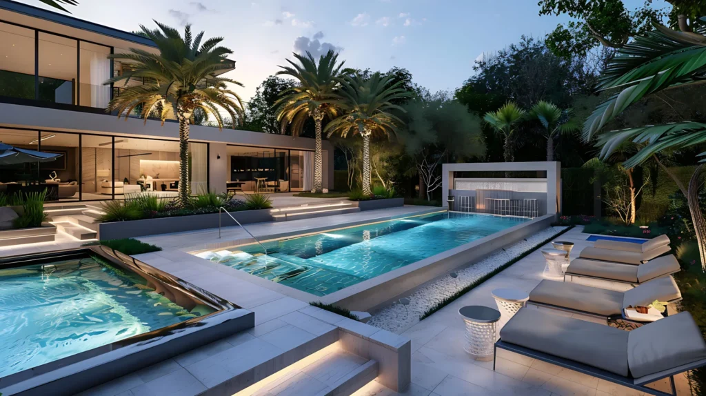 Modern backyard pool and spa at night with landscape lighting.