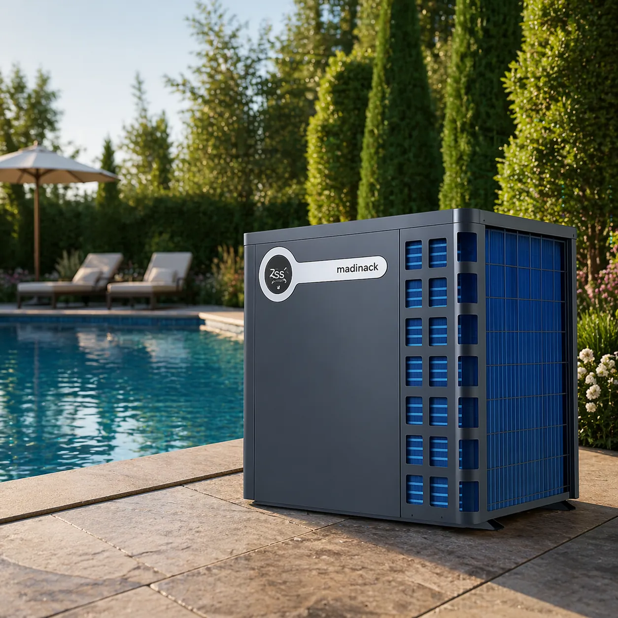 Inverter pool heat pump beside a backyard swimming pool.