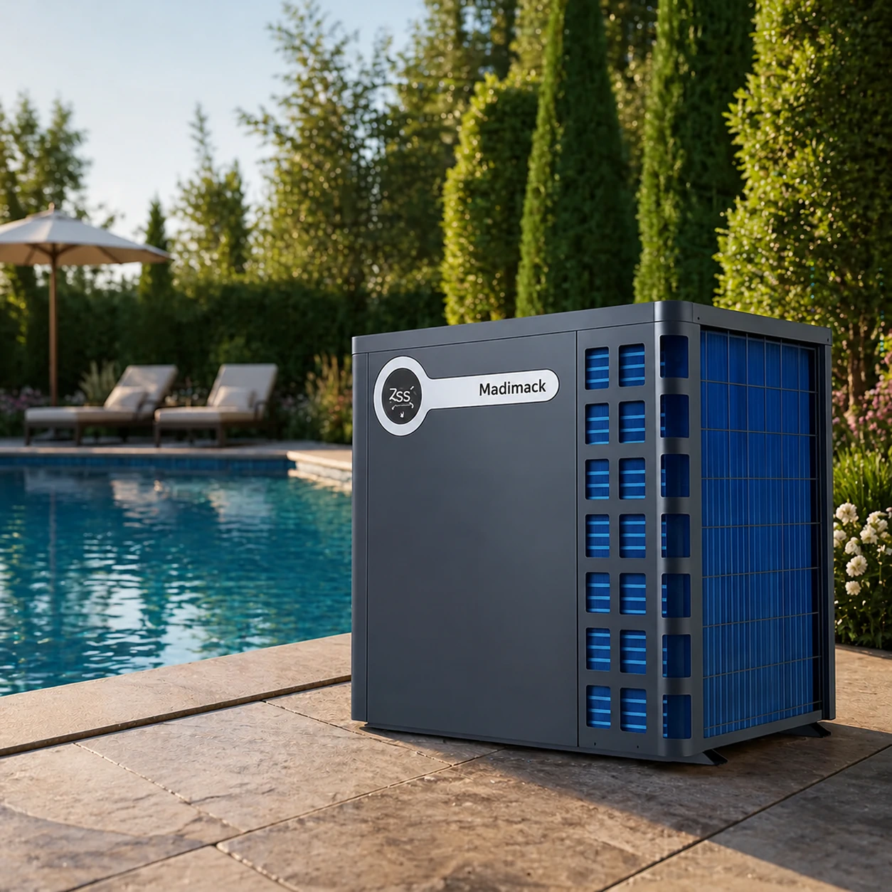 Inverter pool heat pump beside a backyard swimming pool.